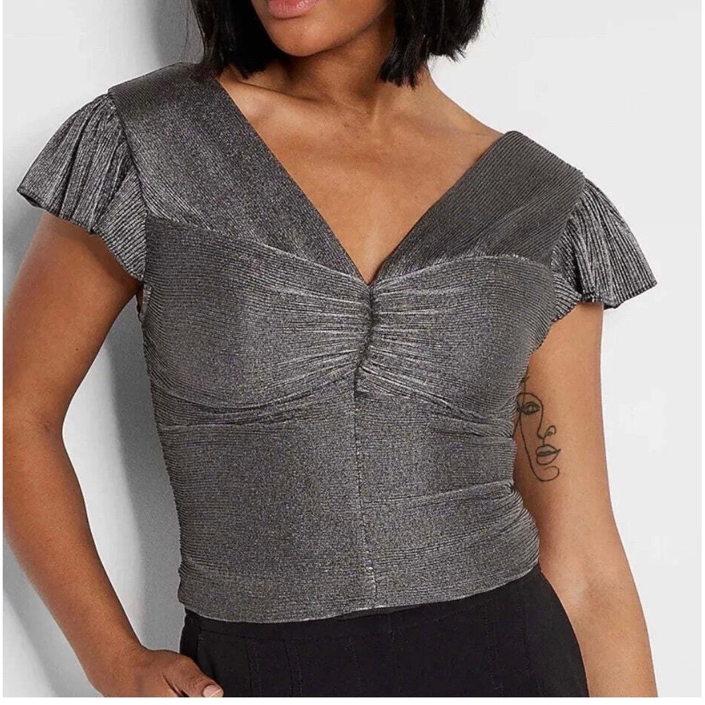 Express Metallic Silver Pleated V-Neck Smocked Back Flutter Sleeve Top Size L